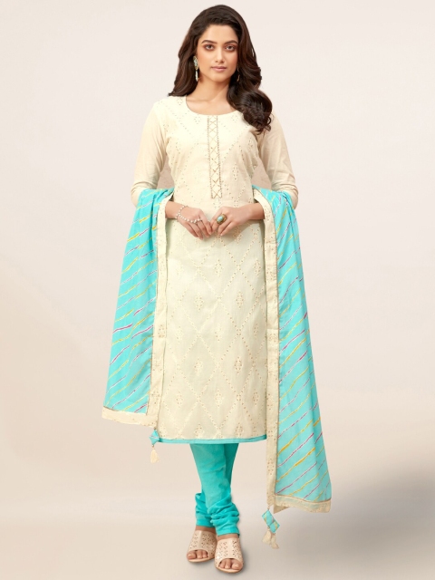 

Pothys Cream-Coloured & Turquoise Blue Cotton Blend Unstitched Dress Material