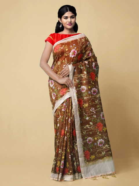 

Unnati Silks Brown Silk Cotton Printed Chanderi Saree With Tasseled Pallu