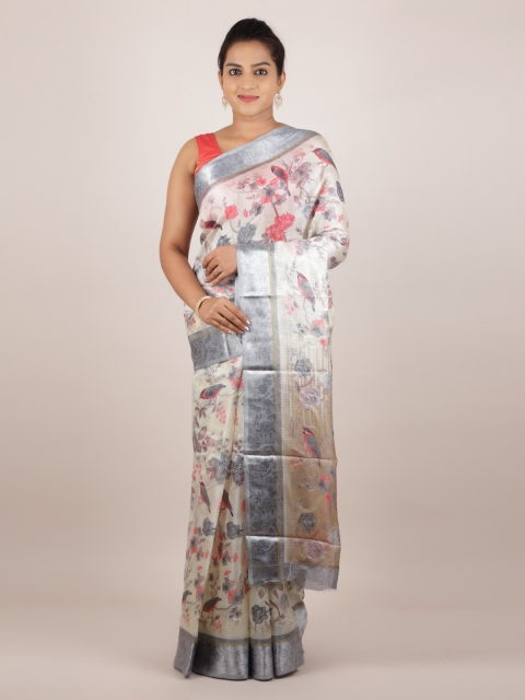 

Pothys Cream-Coloured Printed Jute Silk Saree