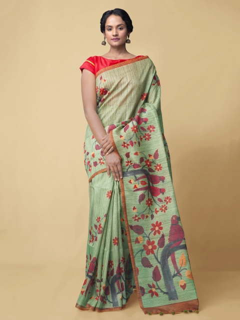 

Unnati Silks Green Silk Cotton Printed Chanderi Saree