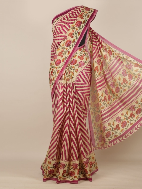 

Pothys Cream-Coloured & Purple Jute Silk Printed Saree