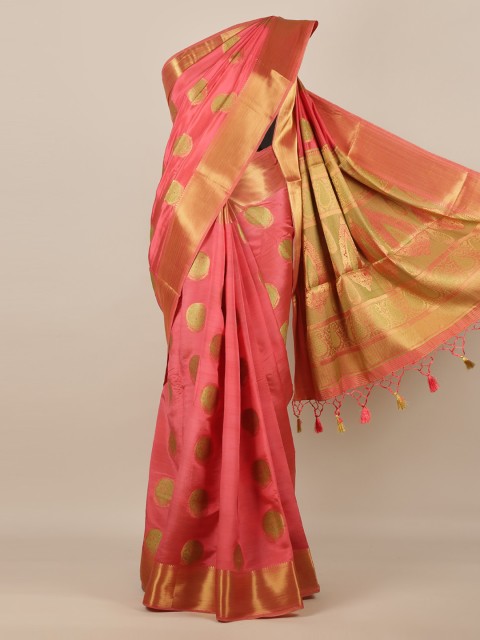 

Pothys Pink & Gold-Toned Jute Silk Woven Design Saree With Tasseled Pallu