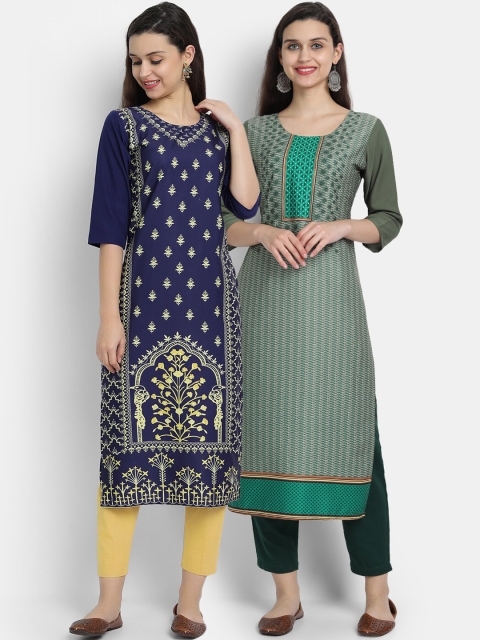 

7threads women Pack Of 2 navy blue & green ethnic motifs printed crepe kurta