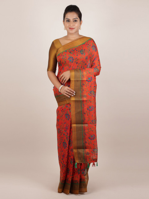 

Pothys Rust Printed Jute Silk Saree With Tasseled Pallu