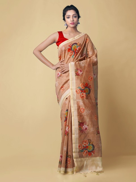 

Unnati Silks Brown Silk Cotton Printed Chanderi Handloom Saree
