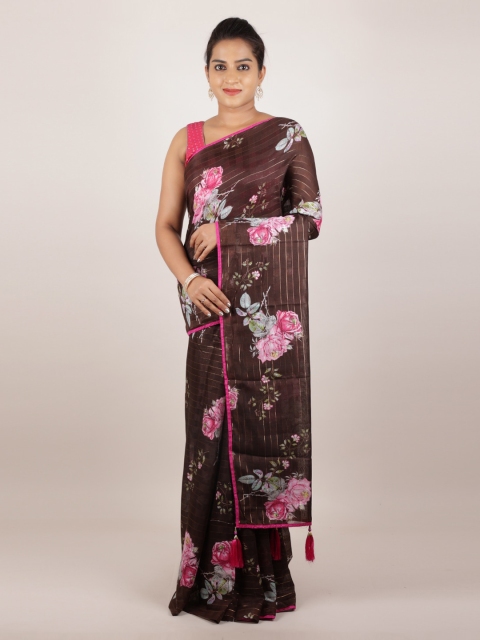 

Pothys Brown Printed Jute Silk Saree With Tasseled Pallu