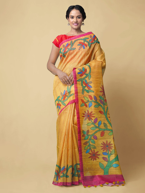 

Unnati Silks Yellow Silk Cotton Printed Chanderi Saree