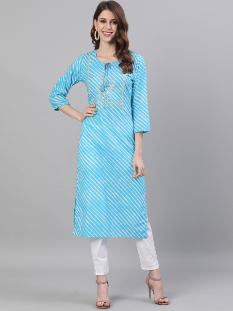 

Ishin Women Blue Leheriya Embroidered A-Line Kurta