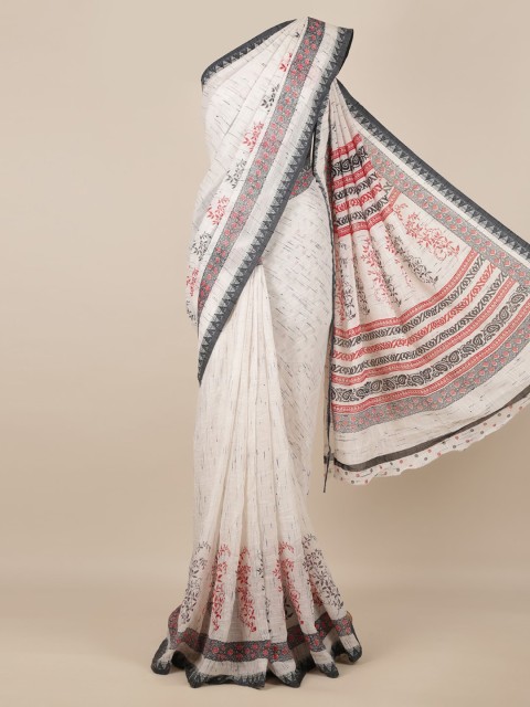 

Pothys White Printed Linen Blend Saree