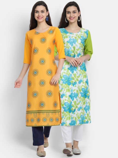 

7threads women Pack Of 2 blue & yellow floral printed crepe kurta
