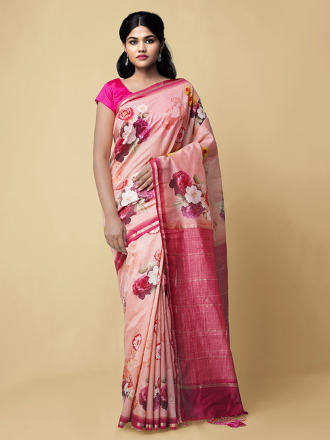 

Unnati Silks Pink Silk Cotton Printed Chanderi Saree With Tasseled Pallu