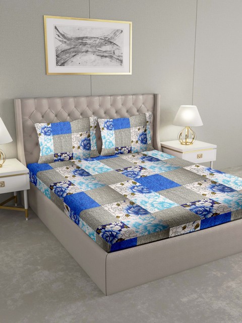 

BELLA CASA Blue & Grey Floral 124 TC Cotton 1 King Bedsheet with 2 Pillow Covers