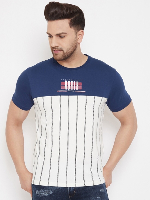 

98 Degree North Men Navy Blue & White Colourblocked Round Neck T-shirt