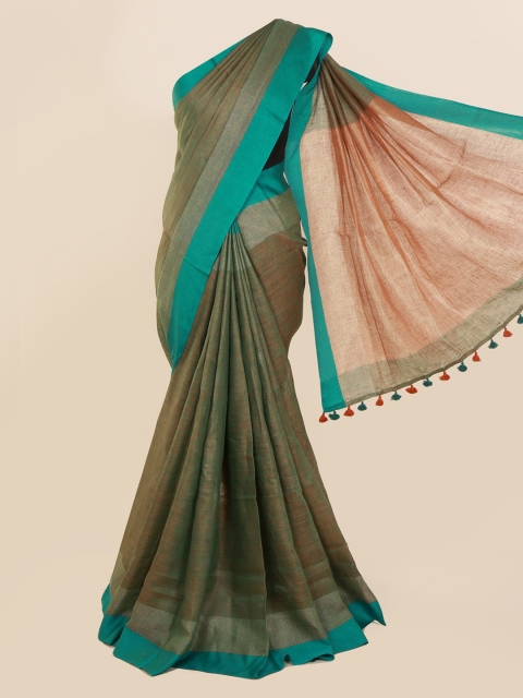 

Pothys Green & Blue Linen Blend Solid Saree