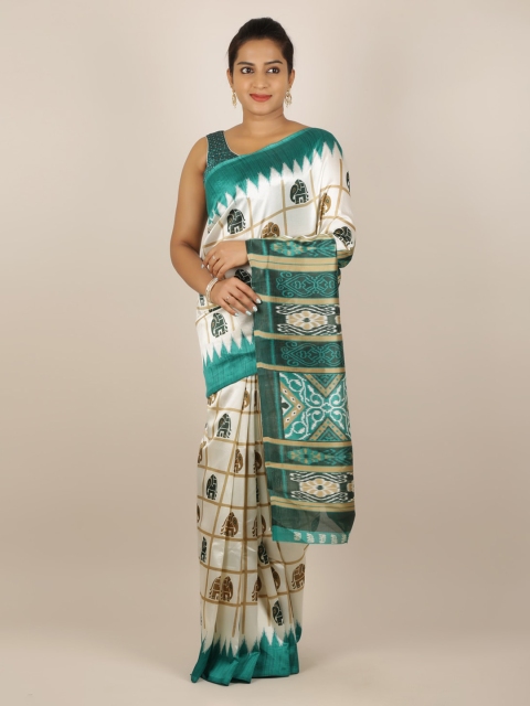 

Pothys Cream-Coloured & Green Jute Silk Printed Saree