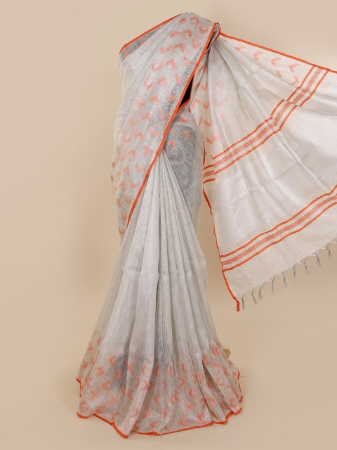 

Pothys Silver-Toned & Orange Linen Blend Woven Design Saree