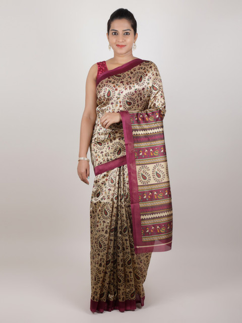 

Pothys Cream-Coloured & Pink Jute Silk Printed Saree
