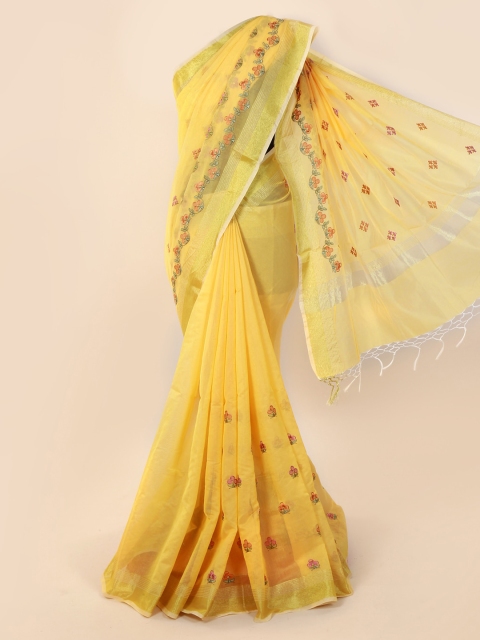 

Pothys Yellow Embroidered Cotton Blend Saree
