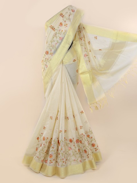 

Pothys Cream-Coloured Checked Cotton Blend Saree