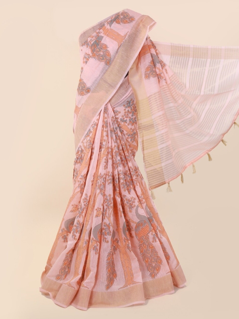 

Pothys Peach-Coloured Printed Cotton Blend Saree With Tasseled Pallu