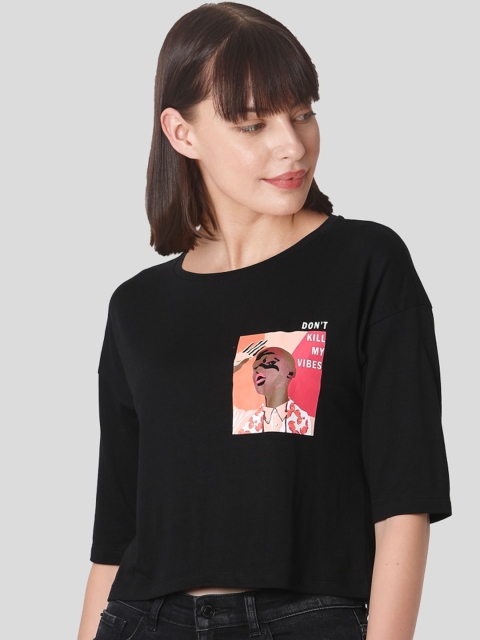 Vero Moda Women Black Solid Round Neck T-shirt