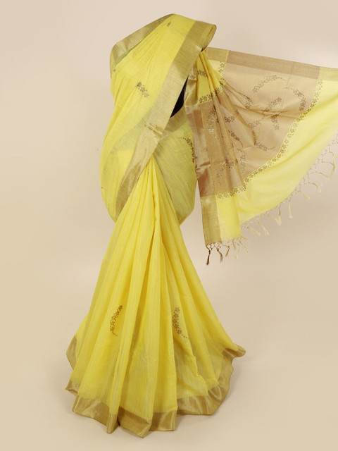 

Pothys Yellow Embellished Linen Blend Saree