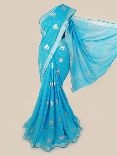 Pothys Blue Woven Design Linen Blend Saree