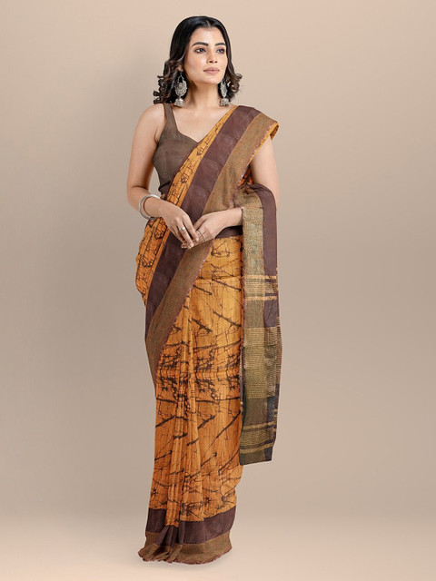 

BharatSthali Yellow & Brown Pure Cotton Printed Narayan Peth Saree