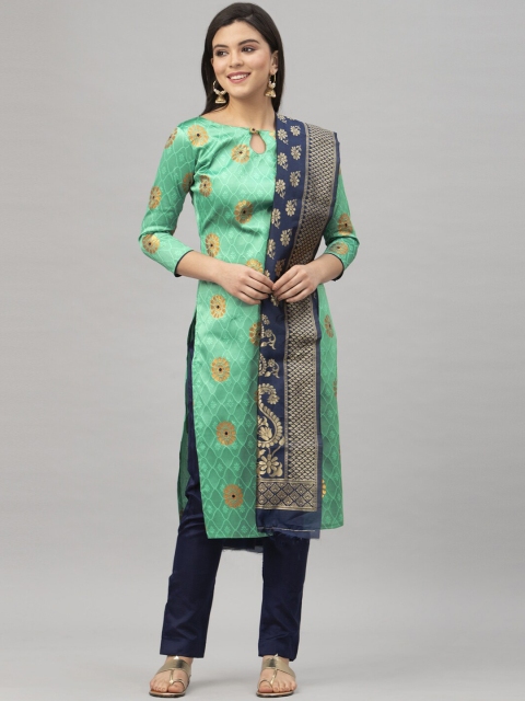 Satrani Green & Navy Blue Poly Silk Unstitched Dress Material