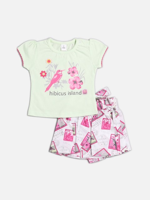 

TOFFY HOUSE Girls Green & White Printed Cotton Top with Shorts