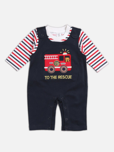 

TOFFY HOUSE Infants Boys Navy Blue & Red Appliqued Romper With T-Shirt