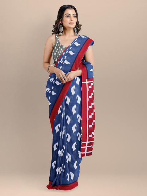 

BharatSthali Blue & Off-White Pure Cotton Printed Ikat Saree