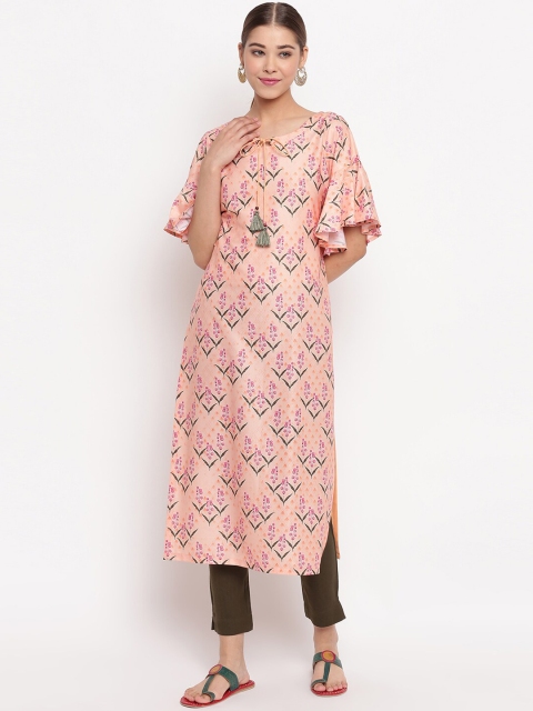 

Janasya Women Peach-Coloured & Grey Floral Printed Flared Sleeves Crepe Kurta