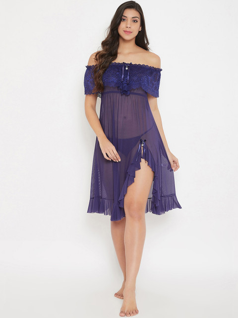 

SECRETS BY ZEROKAATA Navy Blue Self Design Baby Doll
