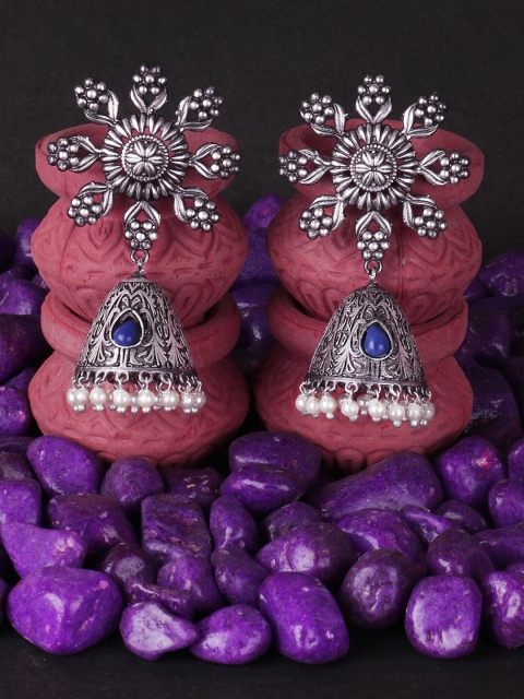 

Adwitiya Collection Silver-Toned Floral Jhumkas
