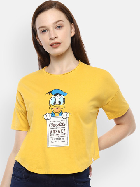 

Van Heusen Woman Yellow & Off White Donald Duck Printed Pure Cotton A-Line Top