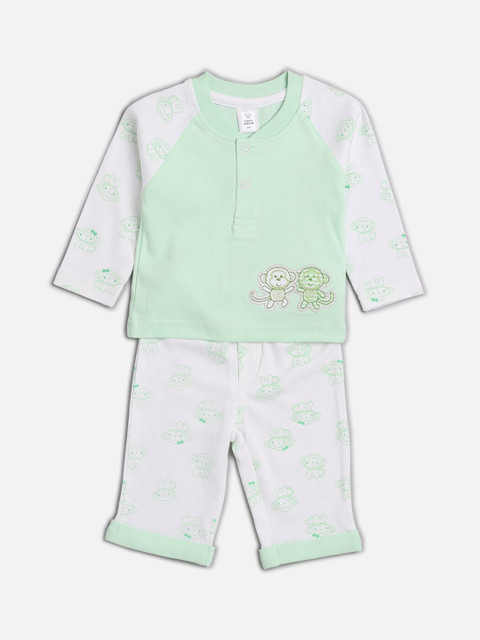 

TOFFY HOUSE Kids Green & White Printed Cotton Shirt with Trousers