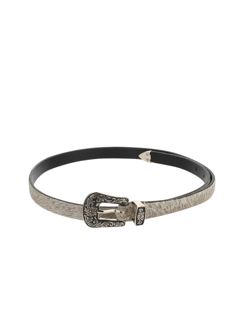 

Calligraphy Women Grey & Gunmetal-Toned Woven Design Leather Belt