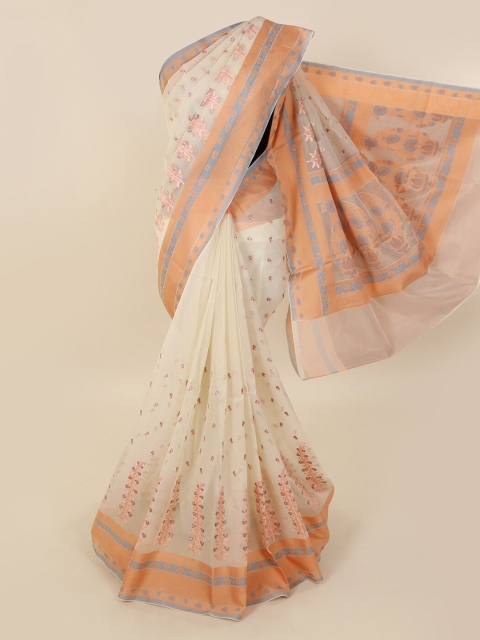

Pothys Cream-Coloured & Orange Supernet Woven Design Saree