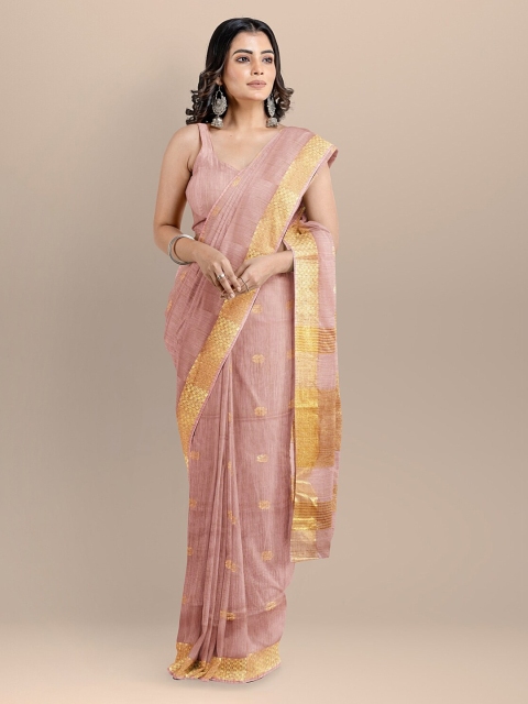 

BharatSthali Pink & Gold-Toned Silk Cotton Woven Design Mangalagiri Saree