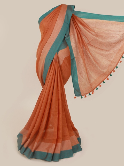 

Pothys Orange & Blue Linen Blend Solid Saree