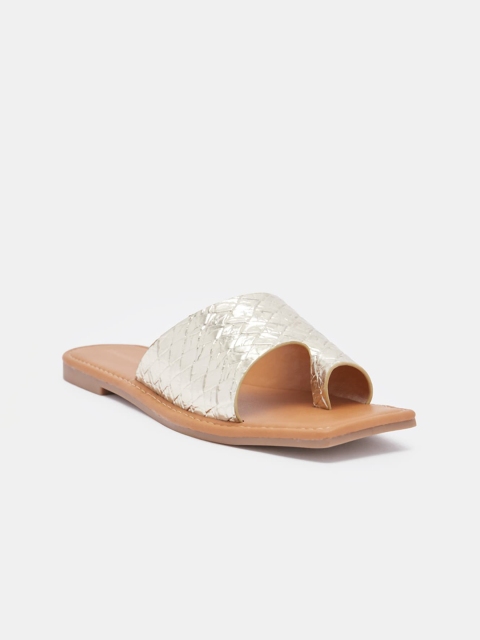 

shoexpress Women Gold-Toned Woven Design PU Open Toe Flats