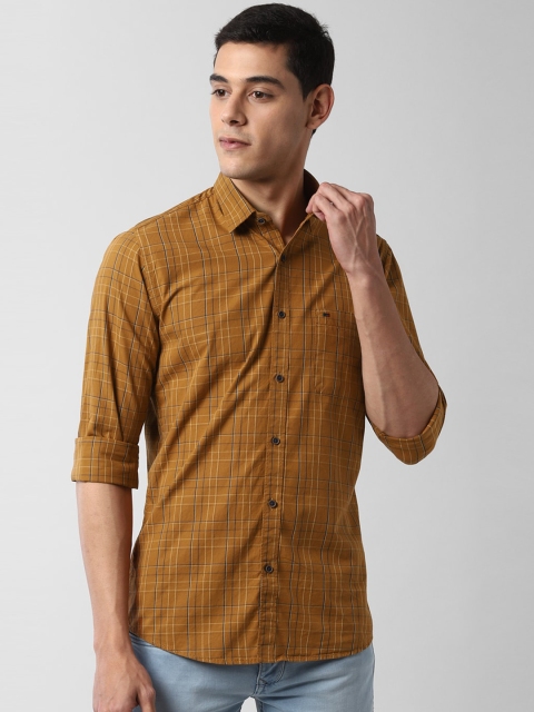

Peter England Casuals Men Mustard Brown & Blue Slim Fit Checked Casual Shirt