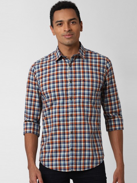 

Peter England Casuals Men Blue & Orange Slim Fit Checked Casual Shirt