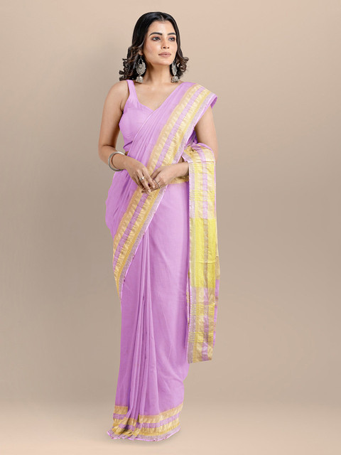 

BharatSthali Pink & Gold-Toned Pure Cotton Solid Maheshwari Saree