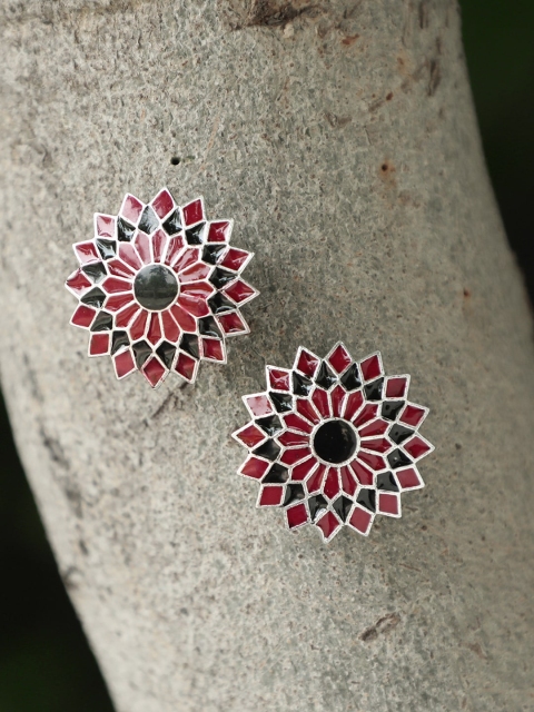 

Adwitiya Collection Silver-Plated Red & Black Contemporary Studs