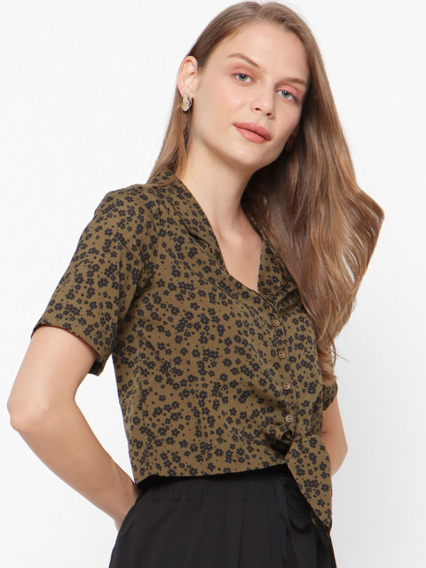 

FOREVER 21 Olive Green & Black Floral Printed Wrap Top