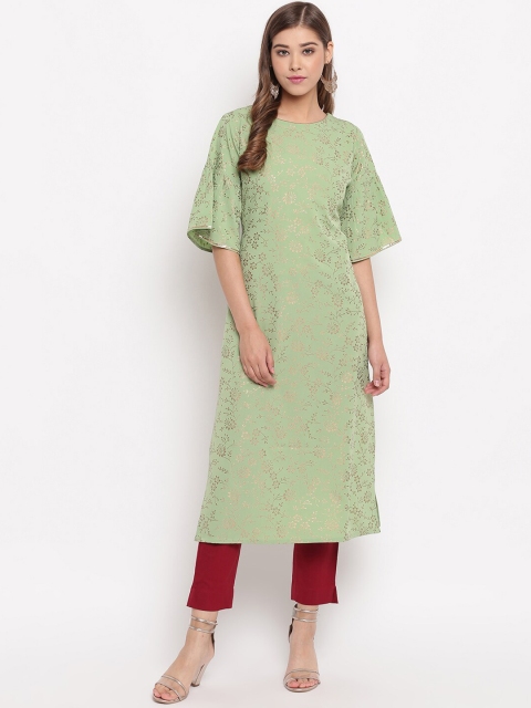 

Janasya Women Green & Gold-Toned Floral Printed Flared Sleeves Crepe Kurta