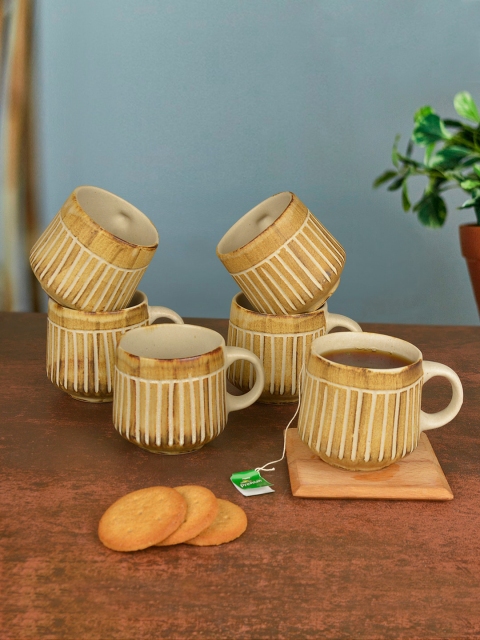 

StyleMyWay Off-White & Brown Textured Set of 6 Ceramic Mugs 200 ml