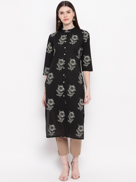

Janasya Women Black & Off White Floral Printed Kurta